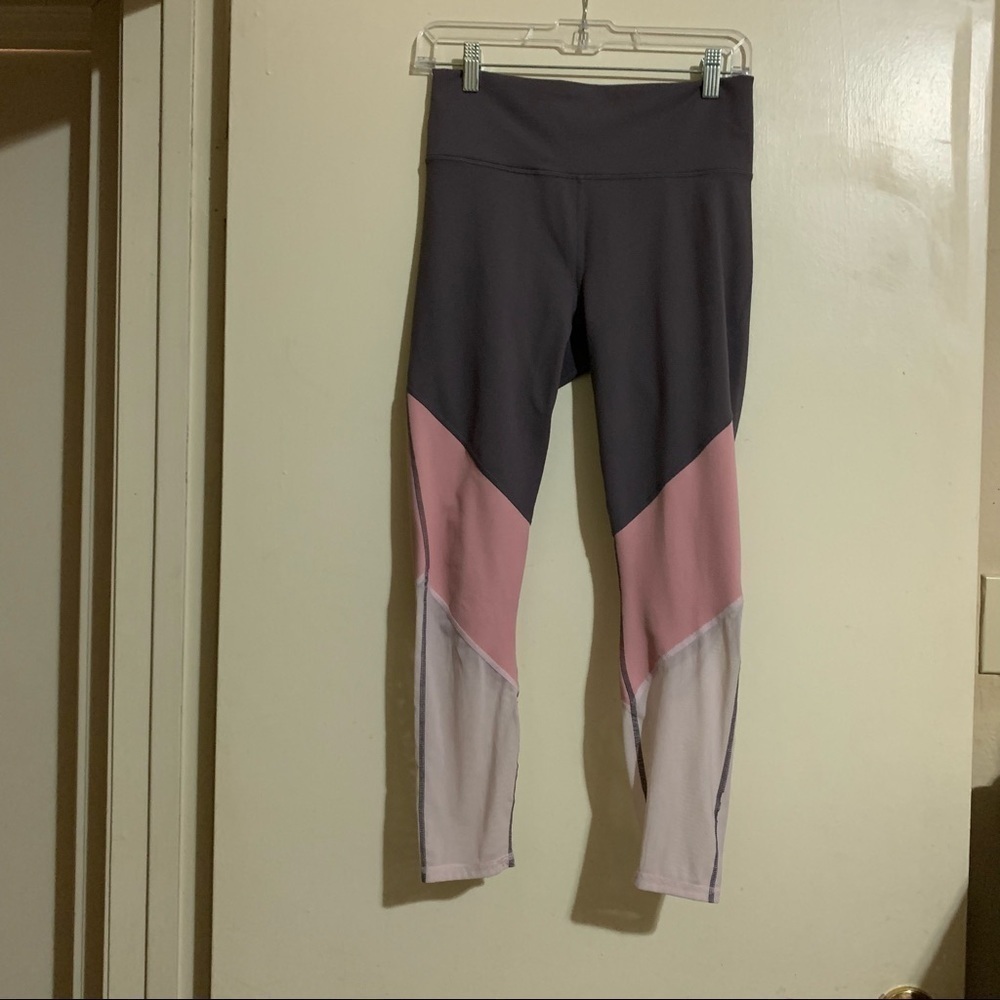 Fabletics Powerhold High Waisted Mesh Block Striped Gray Pink Leggings. - Picture 10 of 11